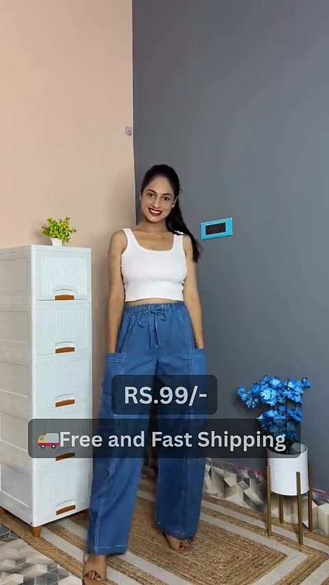 Trendy Women's High-Waist Wide-Leg Denim Pants with Large Utility Pockets, Adjustable Drawstring Waist, Relaxed Casual Fit