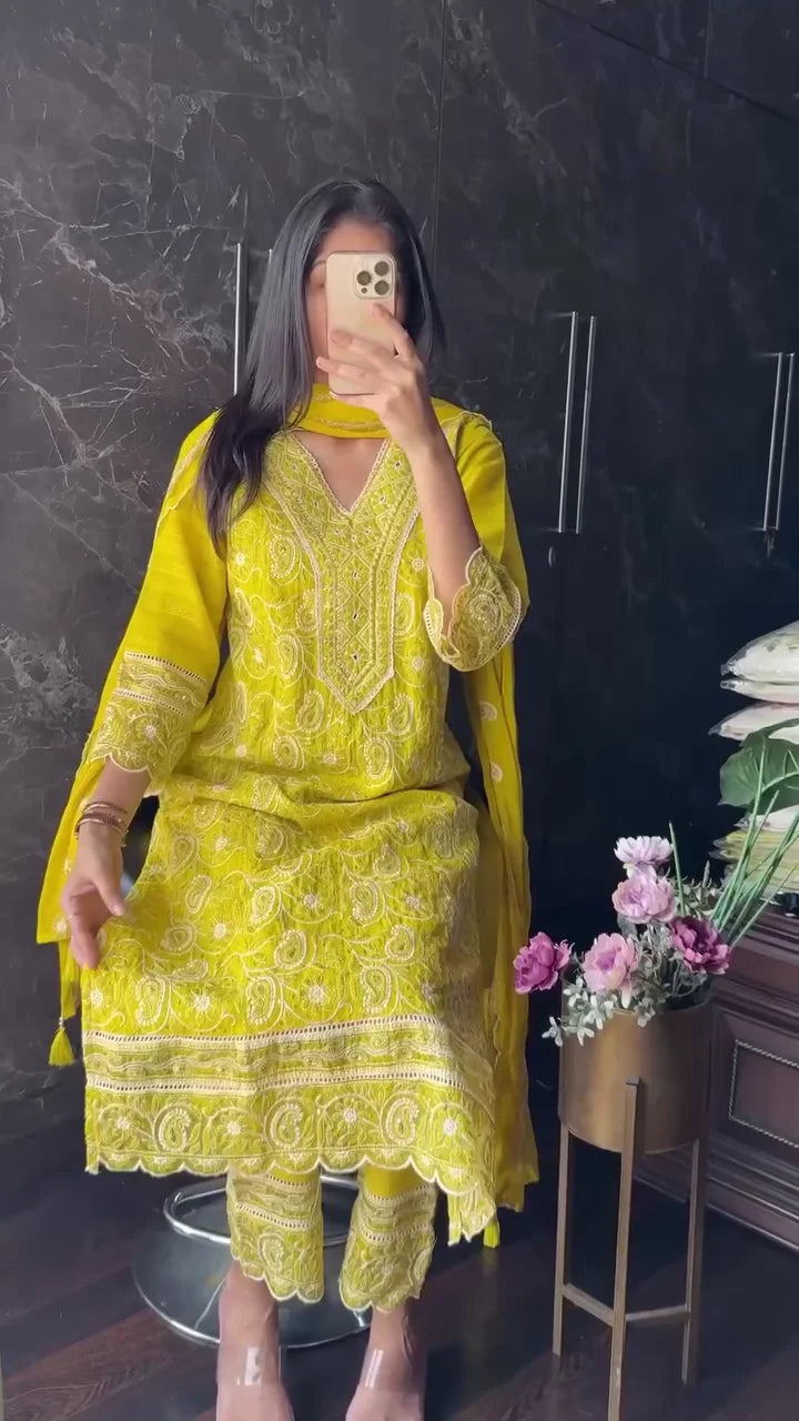 Premium Georgette Chikankari Kurta Set with Heavy Embroidery, Foil Mirror Work, and Matching Chiffon Dupatta – Elegant Ethnic Suit for Weddings and Festivals