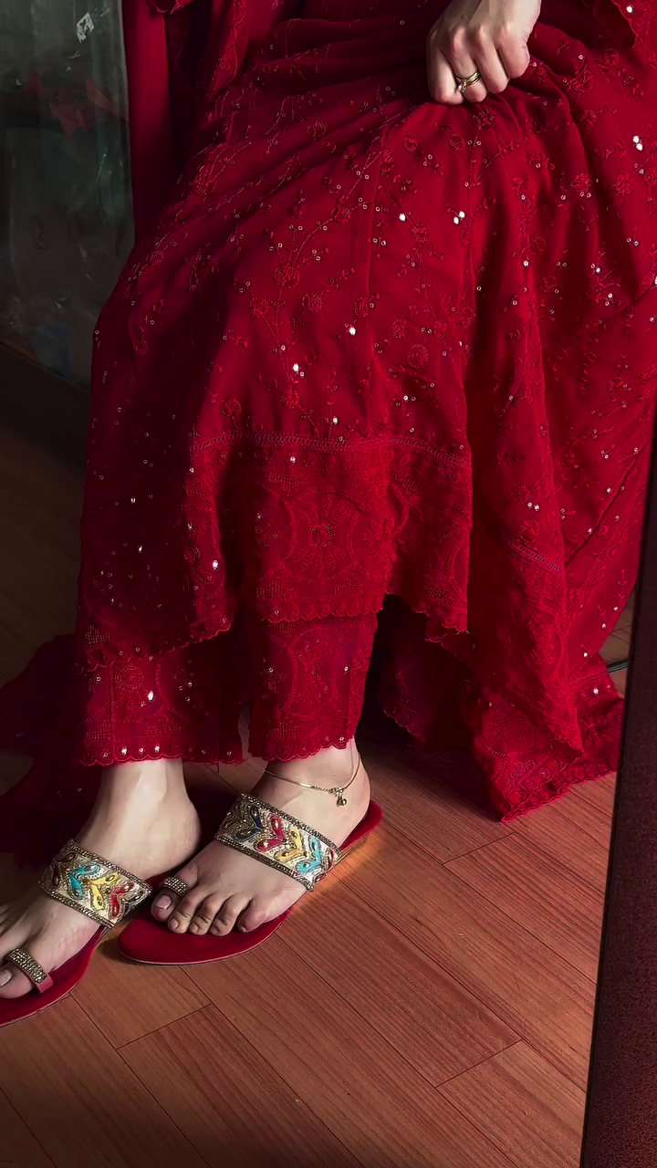 Red Embellished Heavy Faux Georgette Fabric Sequence Work Designer Anarkali Kurta With Dupatta Pant set