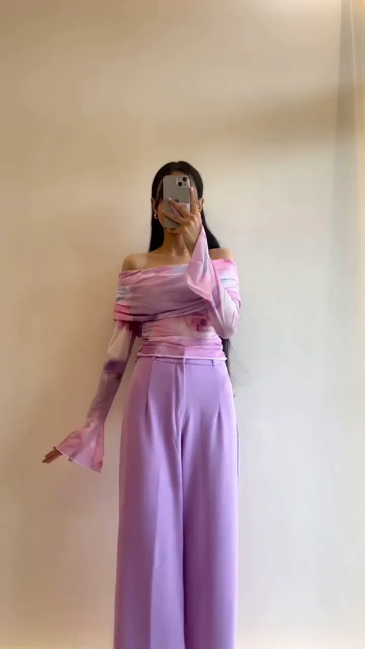 Trendy Women’s High Waist Wide Leg Trousers with Stylish Tie-Dye Crop Tops and Off-Shoulder Ruched Blouse Set – Elegant Casual and Party Wear Outfit