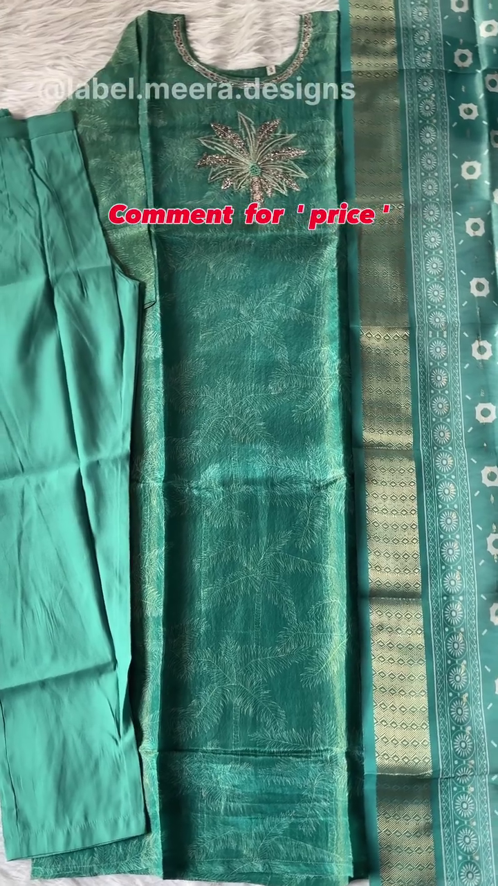 Women’s Teal Green Banarasi Silk Suit Set with Embroidered Kurta, Matching Pants & Dupatta
