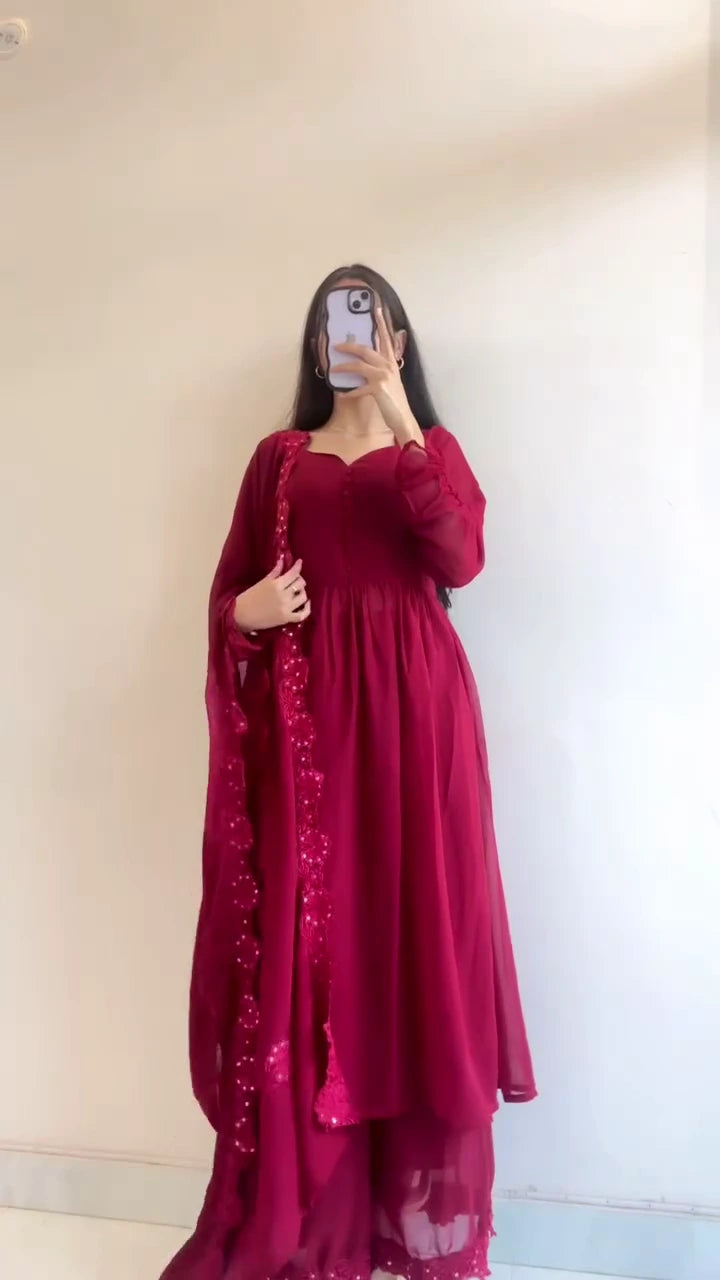 Traditional Women's Ethnic Suit Set – Black Georgette Anarkali with Golden Embroidery & Dupatta and Maroon Georgette Anarkali with Sequin Work and Matching Dupatta – Festive and Party Wear Collection