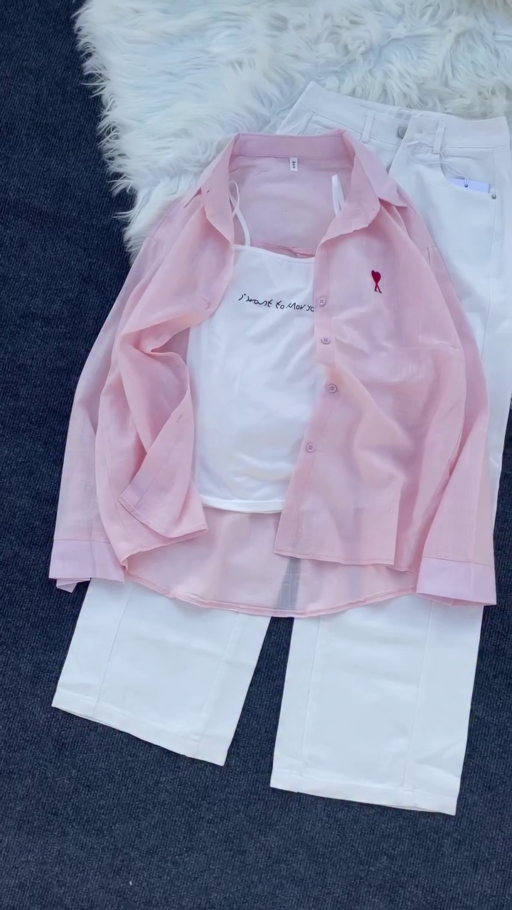 Women’s Casual Three-Piece Set with Sheer Pink and Red Button-Down Long Sleeve Shirt, Printed White Spaghetti Strap Crop Top
