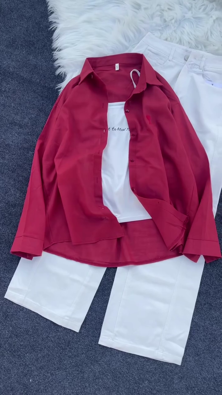 Women’s Casual Three-Piece Set with Sheer Pink and Red Button-Down Long Sleeve Shirt, Printed White Spaghetti Strap Crop Top