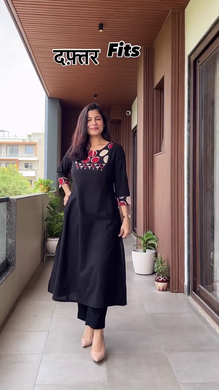 Women’s Office Wear A-Line Kurta Set in Soothing Blue and Classic Black Colors Featuring Geometric Printed Design, 3/4th Sleeves