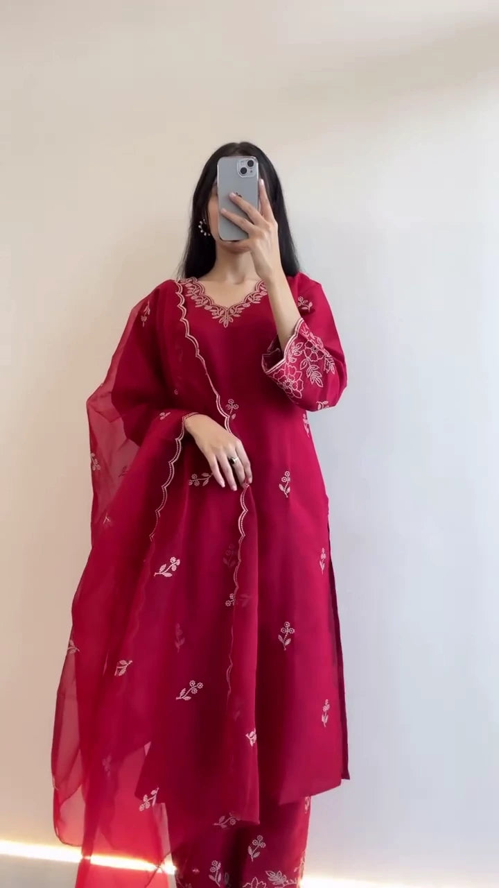Traditional Women's Embroidered Cotton Kurta Set with Dupatta – Stylish Blue Anarkali Kurti and Classic Maroon Straight Kurta Suit for Festive, Party & Casual Wear