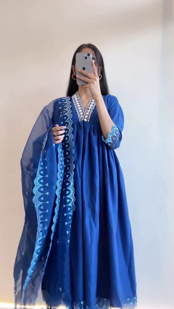 Traditional Women's Embroidered Cotton Kurta Set with Dupatta – Stylish Blue Anarkali Kurti and Classic Maroon Straight Kurta Suit for Festive, Party & Casual Wear
