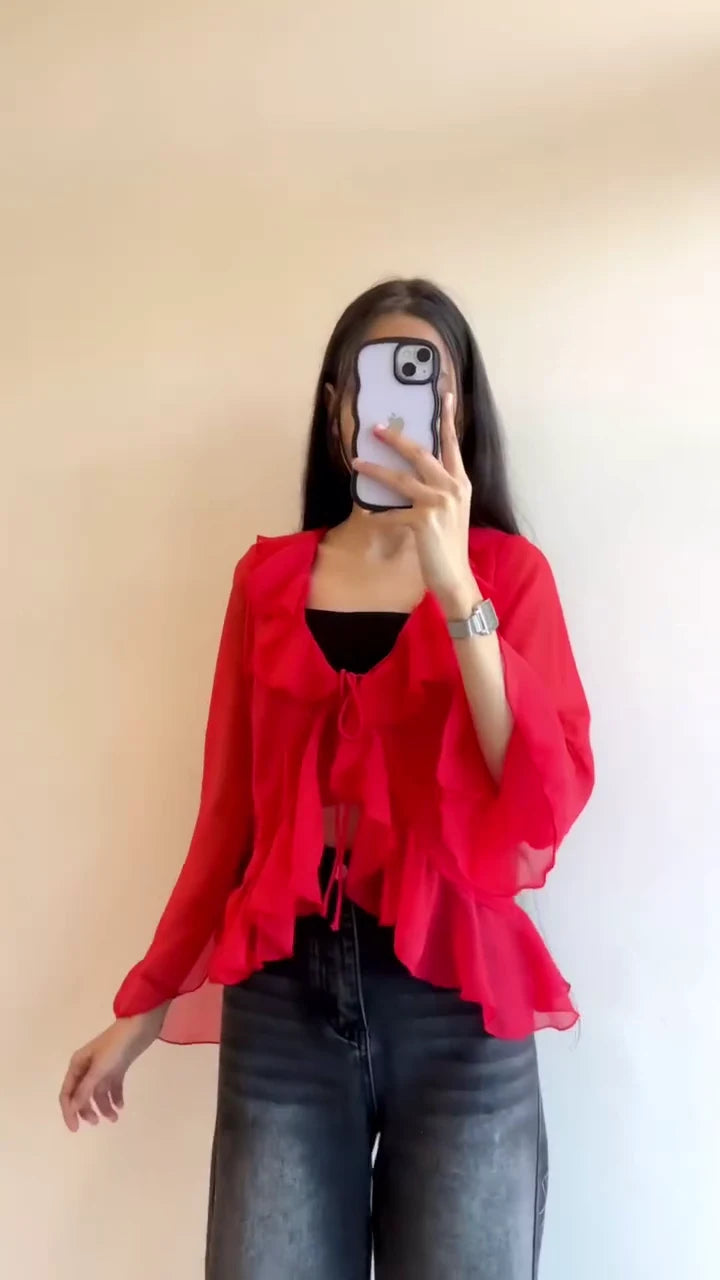 Women's Stylish Sheer Ruffle Layered Tie-Up Shrug Top in Red and Blue | Flowy Chiffon Bell Sleeve Overlay for Casual, Party, and Festive Wear