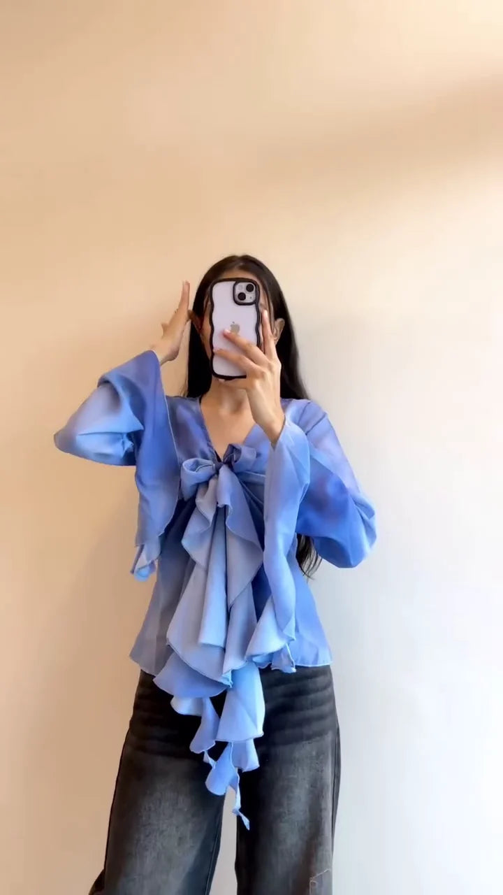 Women's Stylish Sheer Ruffle Layered Tie-Up Shrug Top in Red and Blue | Flowy Chiffon Bell Sleeve Overlay for Casual, Party, and Festive Wear