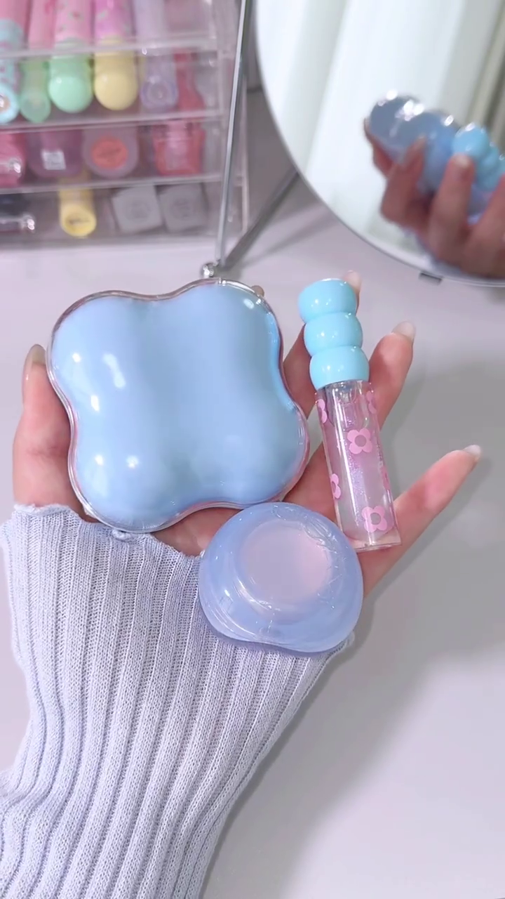 Adorable Blue Skincare Set: Lip Balm, Gloss, and Perfume