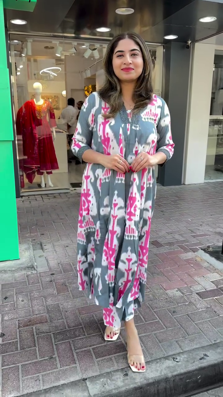 Trendy Grey and Pink Ikat Printed Flared Cotton Maxi Kurta with V-Neckline and 3/4th Sleeves – Effortlessly Stylish Everyday Wear for Casual Outings and Summer Comfort