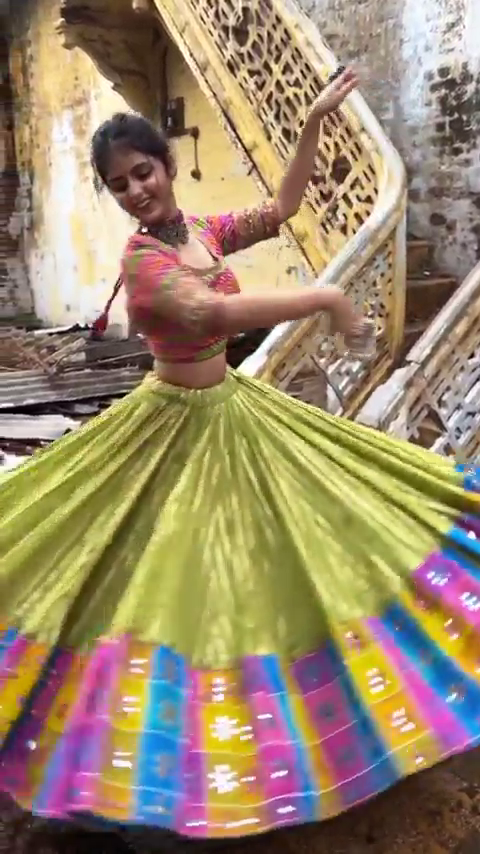 Vibrant Multicolor Mirror Work Choli Set with Flared Lime Green Lehenga – Perfect for Garba & Festive Glam