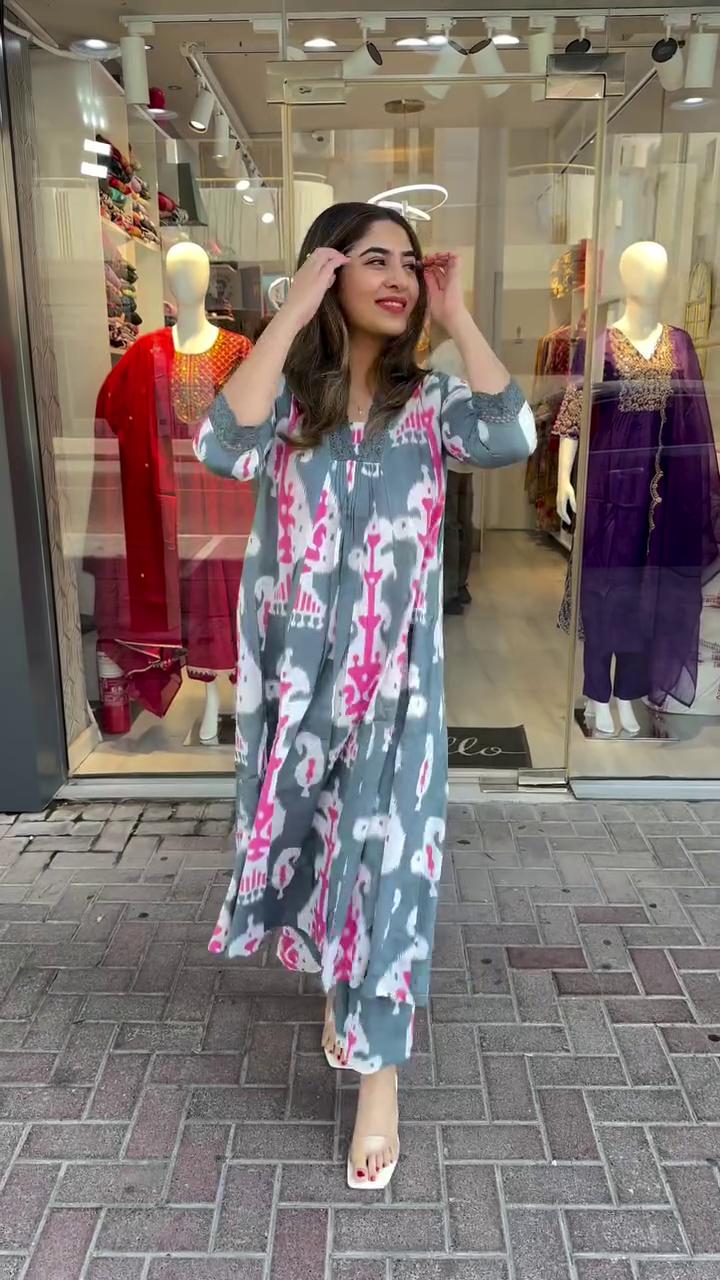 Trendy Grey and Pink Ikat Printed Flared Cotton Maxi Kurta with V-Neckline and 3/4th Sleeves – Effortlessly Stylish Everyday Wear for Casual Outings and Summer Comfort