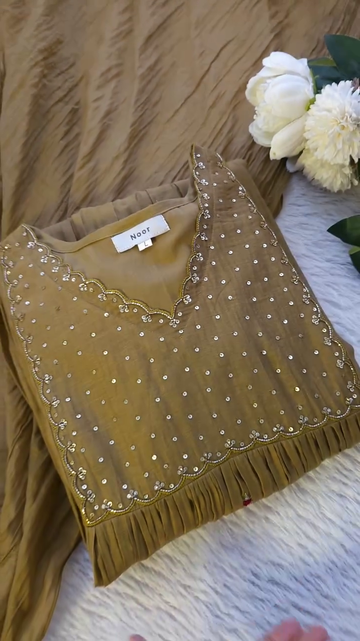 Elegant Olive Green Embroidered Kurti Set with Intricate Thread Work and Pearl Detailing, Paired with a Flowing Dupatta – Perfect for Traditional and Festive Occasions.