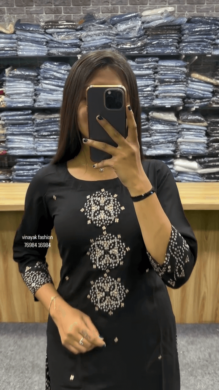 Elegant Black Cotton Kurta Set with White Thread Embroidery and Printed Palazzo – Classy Ethnic Wear for All Occasions