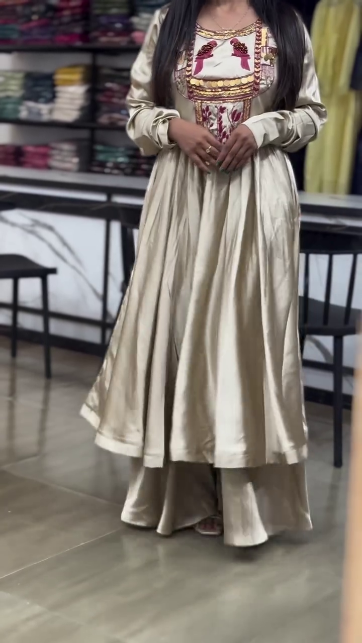 Elegant Beige Satin Anarkali with Intricate Embroidered Floral Detailing, Perfect for Special Occasions