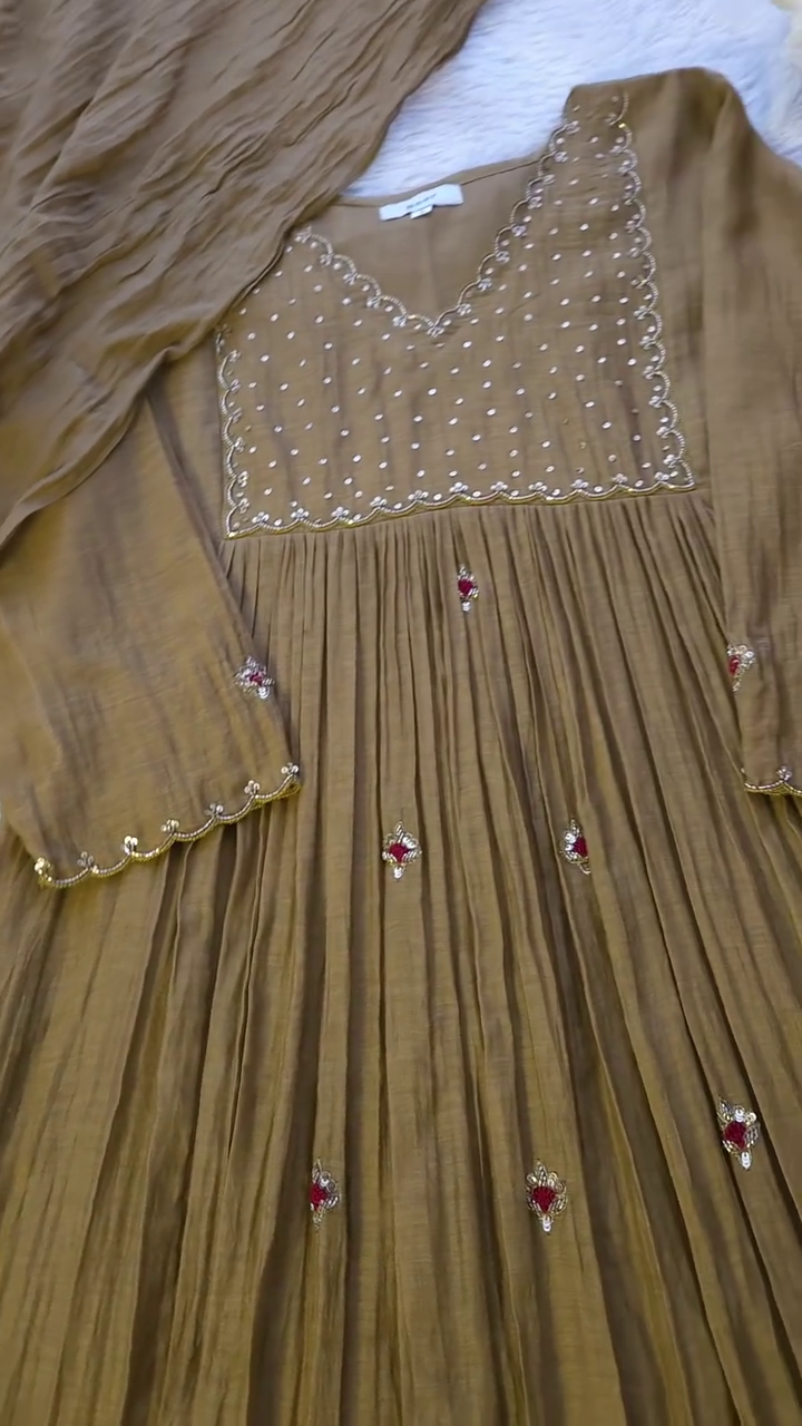 Elegant Olive Green Embroidered Kurti Set with Intricate Thread Work and Pearl Detailing, Paired with a Flowing Dupatta – Perfect for Traditional and Festive Occasions.
