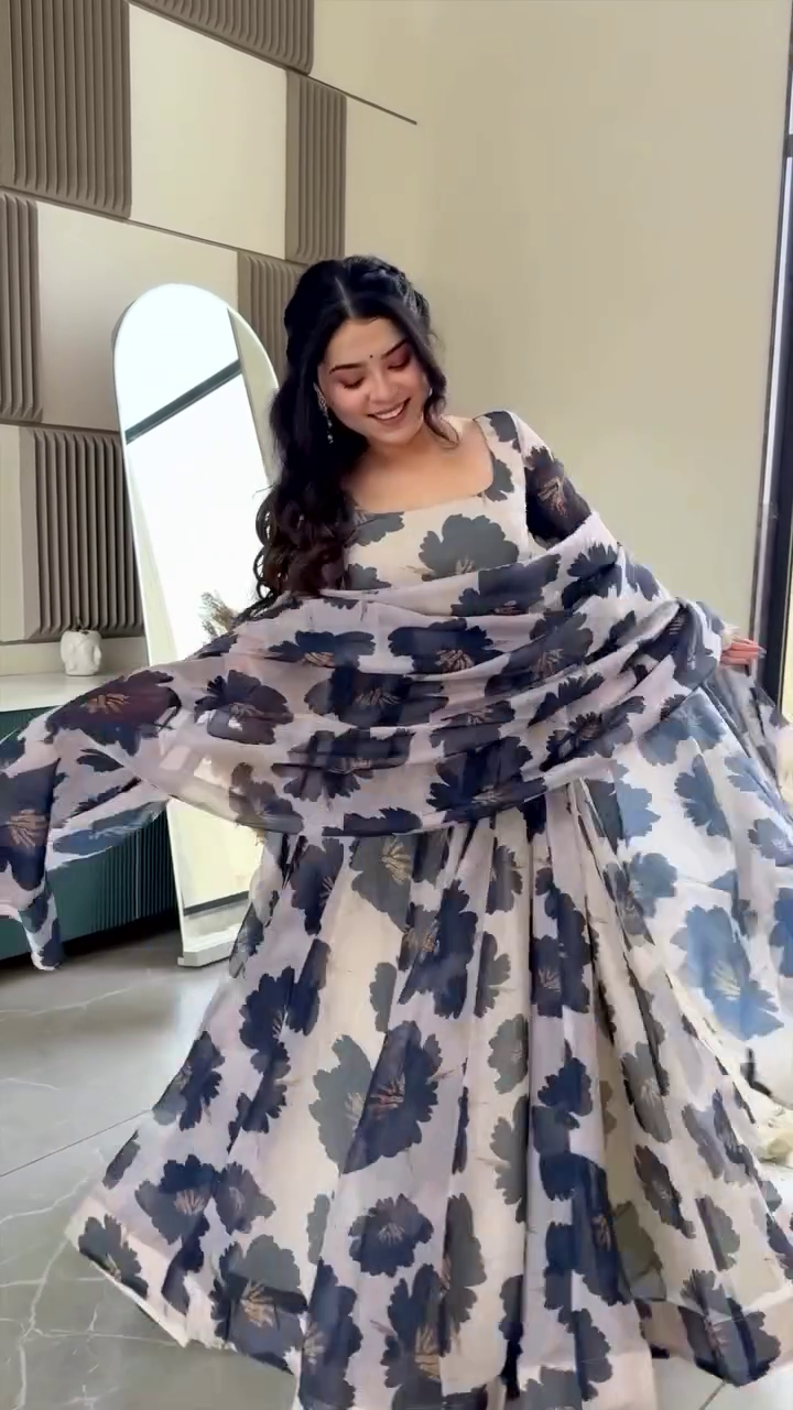 Floral Print Anarkali Dress with Flowing Dupatta – Elegant and Breezy for a Graceful Look