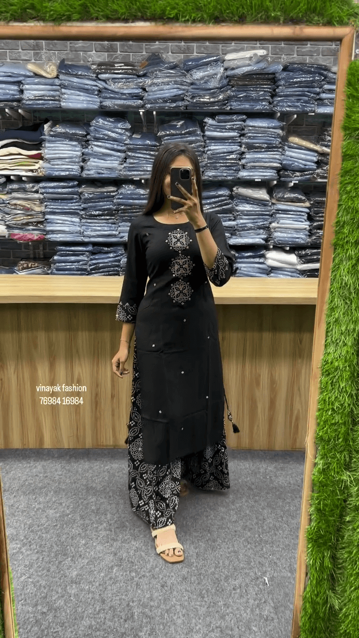 Elegant Black Cotton Kurta Set with White Thread Embroidery and Printed Palazzo – Classy Ethnic Wear for All Occasions