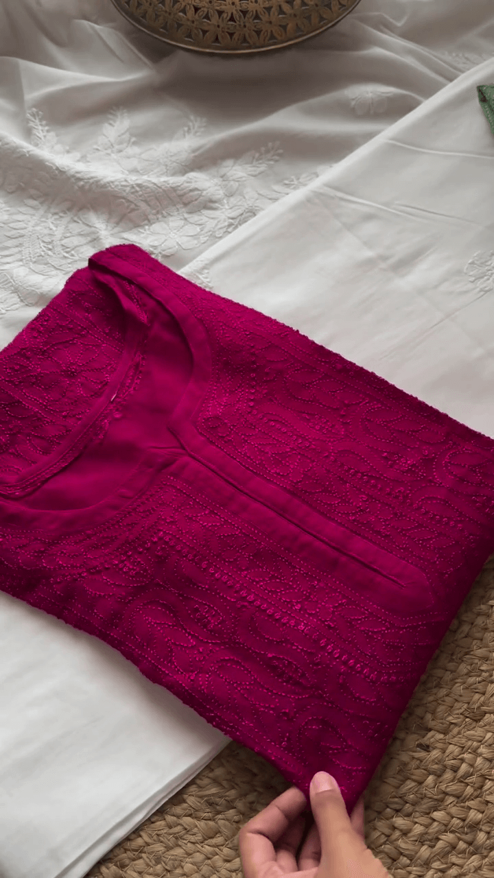 Elegant Cotton Chikankari Kurti with Intricate Tone-on-Tone Embroidery – Available in Rich Magenta and Teal Blue