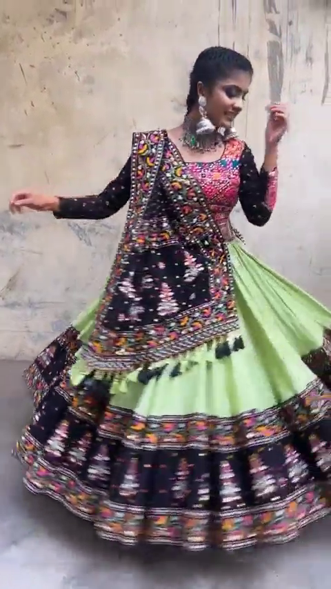 Mint Green Ghaghra Choli with Black Multicolor Mirror Embroidered Dupatta – Traditional Garba Outfit for Navratri Festivities