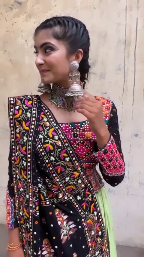 Mint Green Ghaghra Choli with Black Multicolor Mirror Embroidered Dupatta – Traditional Garba Outfit for Navratri Festivities