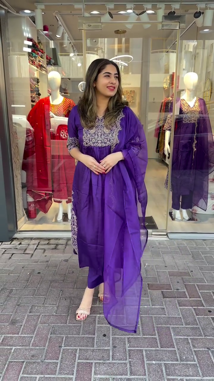 Royal Purple Straight Kurta Set Featuring Intricate Thread Embroidery on Yoke and Sleeves, Paired with Solid Pants and Lightweight Organza Dupatta – A Regal Ethnic Ensemble for Festive and Traditional Occasions
