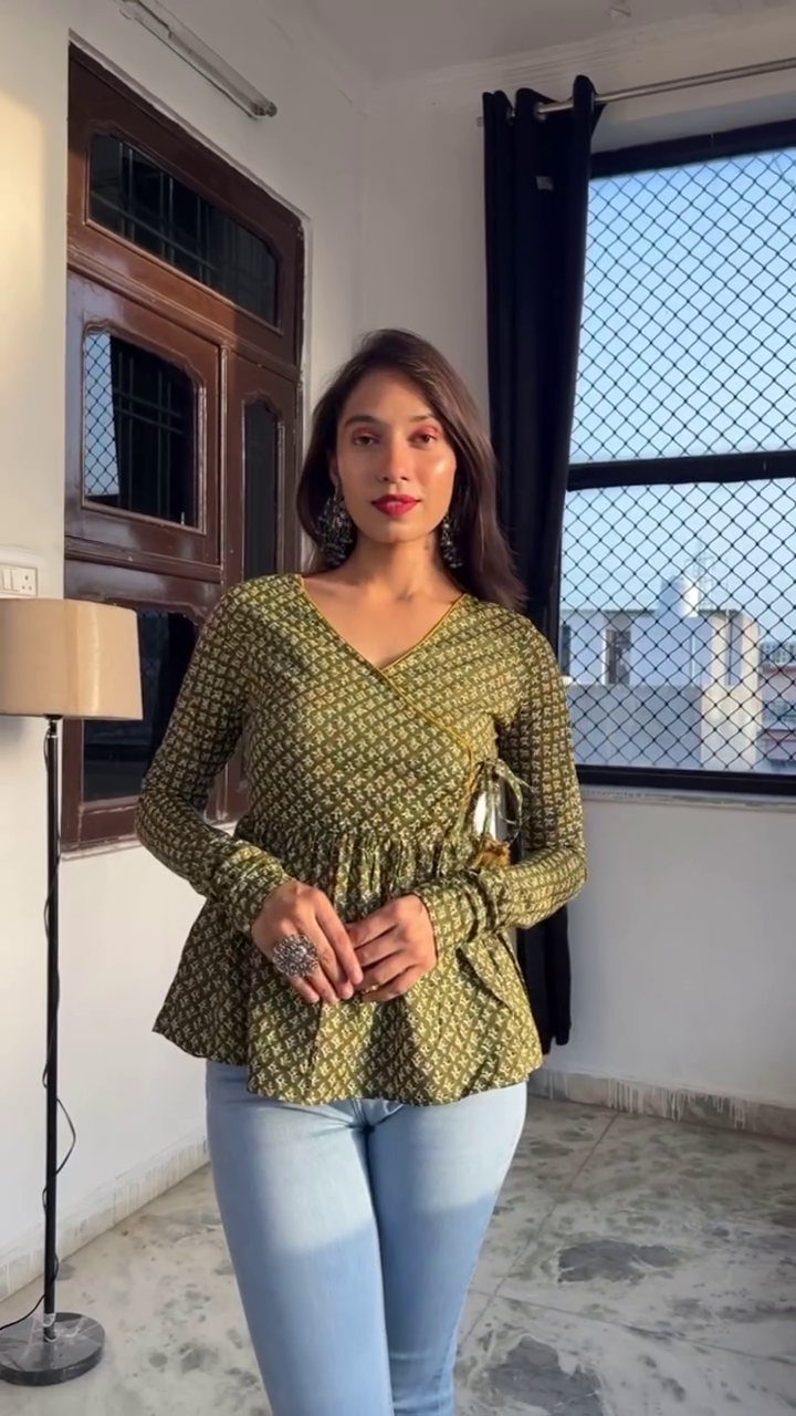 Handblock Printed Cotton Peplum Tops In Multi designs for Women – Ethnic V-Neck Long Sleeve Wrap & Flared Designs Perfect for Casual, Indo-Western Styling with Jeans or Ethnic Bottoms