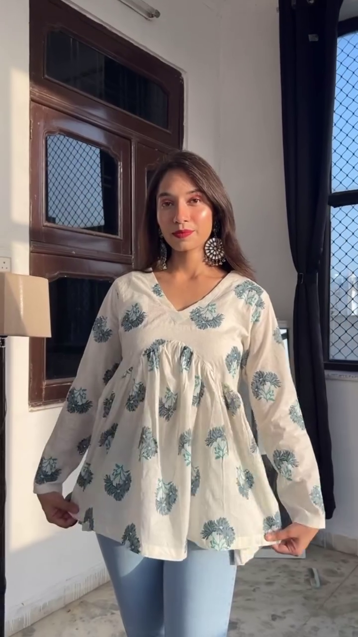 Handblock Printed Cotton Peplum Tops In Multi designs for Women – Ethnic V-Neck Long Sleeve Wrap & Flared Designs Perfect for Casual, Indo-Western Styling with Jeans or Ethnic Bottoms
