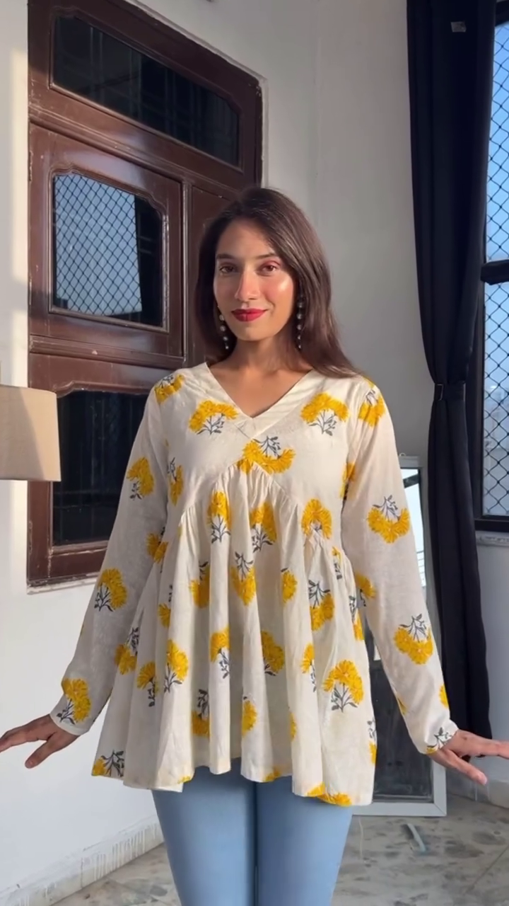 Handblock Printed Cotton Peplum Tops In Multi designs for Women – Ethnic V-Neck Long Sleeve Wrap & Flared Designs Perfect for Casual, Indo-Western Styling with Jeans or Ethnic Bottoms