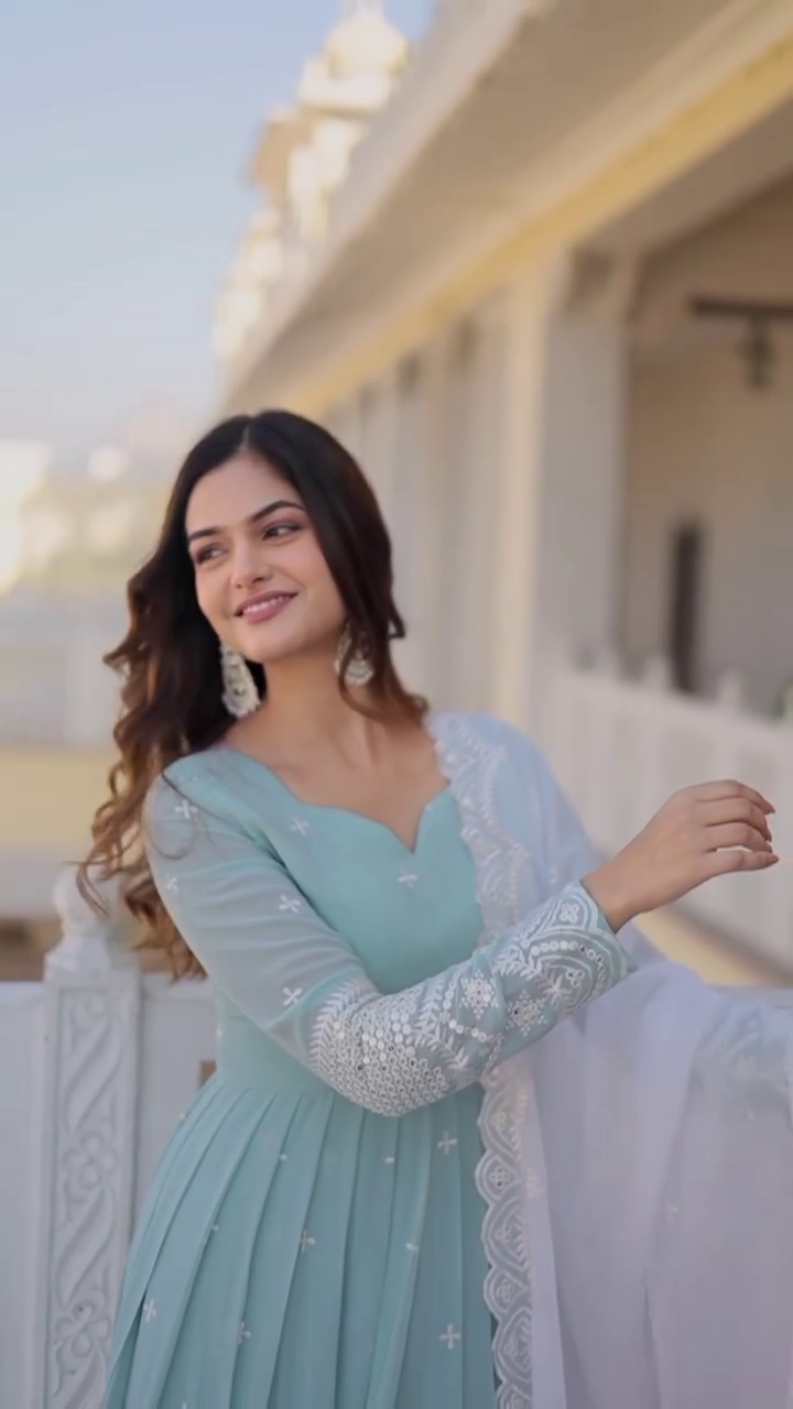 Elegant Blue Embroidered Anarkali Dress with Sheer Sleeves and Chiffon Dupatta – Perfect for Weddings, Festivals, and Traditional Celebrations.