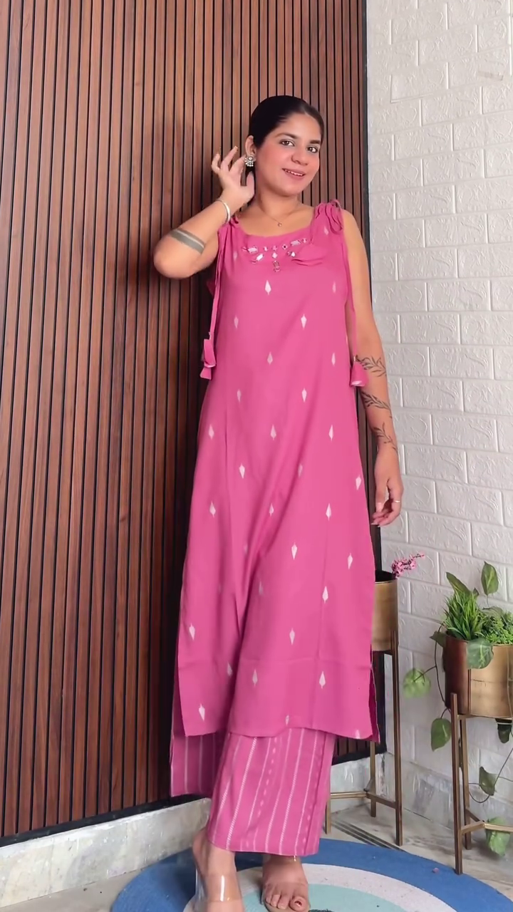 rendy Sleeveless Kurta Set with Shoulder Tie-Up Detailing and Matching Printed/Plain Pants – Comfortable and Stylish Co-ord Sets in Vibrant Pink and Yellow Shades,