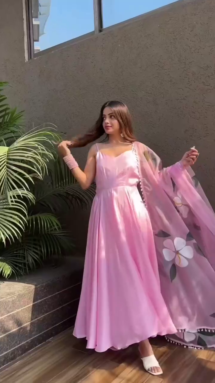 Elegant Pink Satin Dress with Floral Embroidered Dupatta – Perfect for Festive Occasions and Celebrations