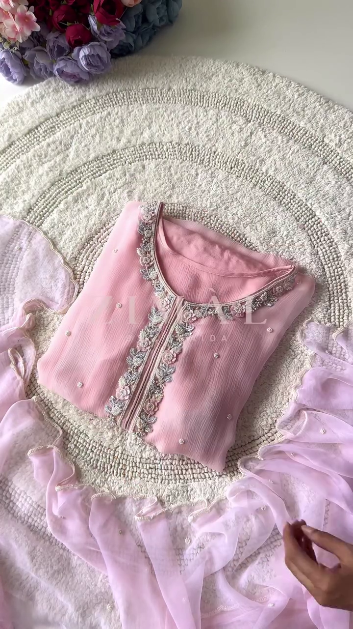 Elegant Pink and Light Green Ethnic Set – Embroidered Chiffon Top with Pearl and Floral Details, Paired with a Sheer Matching Dupatta for Festive Occasions