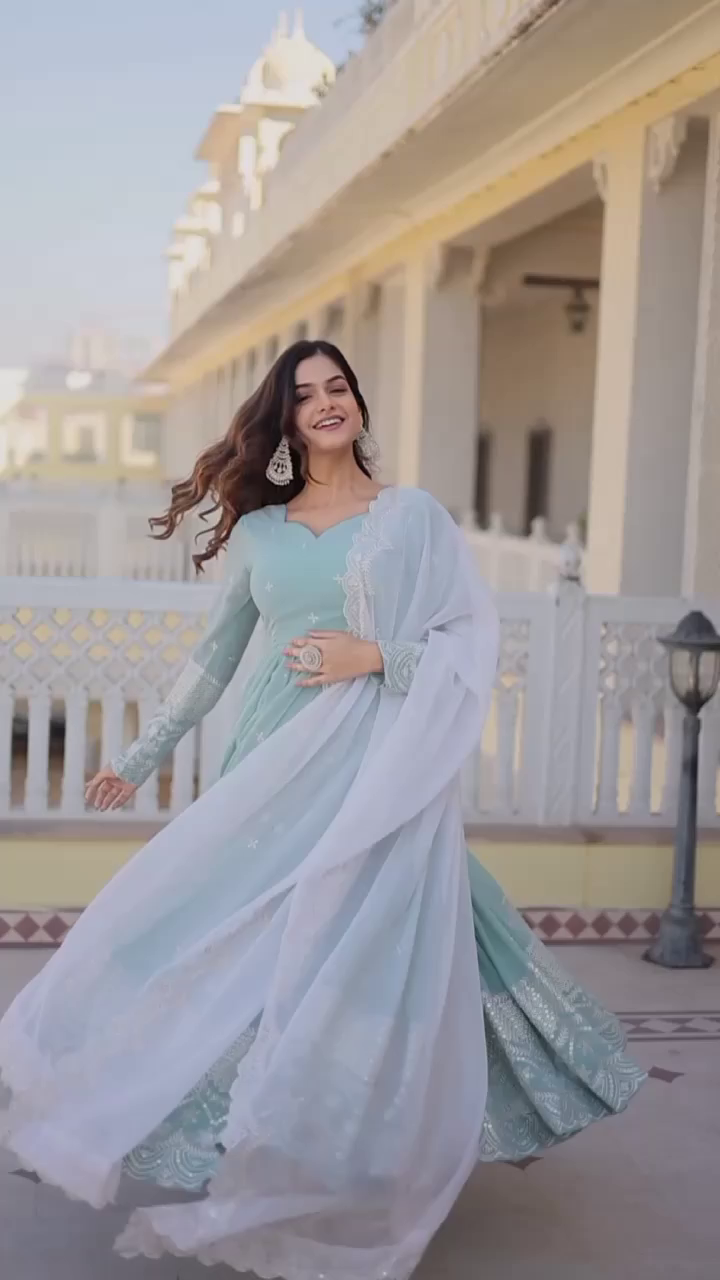 Elegant Blue Embroidered Anarkali Dress with Sheer Sleeves and Chiffon Dupatta – Perfect for Weddings, Festivals, and Traditional Celebrations.