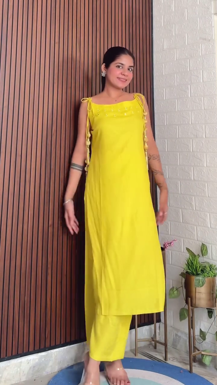 rendy Sleeveless Kurta Set with Shoulder Tie-Up Detailing and Matching Printed/Plain Pants – Comfortable and Stylish Co-ord Sets in Vibrant Pink and Yellow Shades,