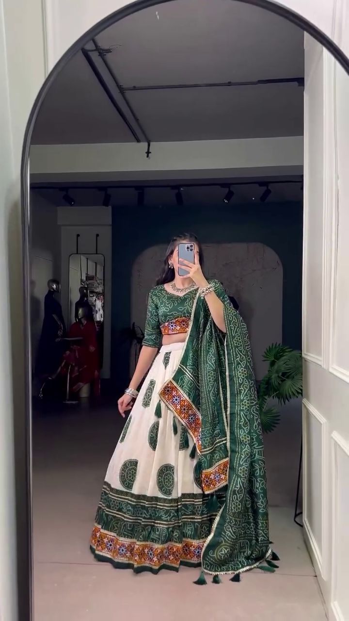 Traditional Indian Ethnic Wear Mirror Work Embroidered Lehenga Choli with Bandhani Printed Dupatta for Women