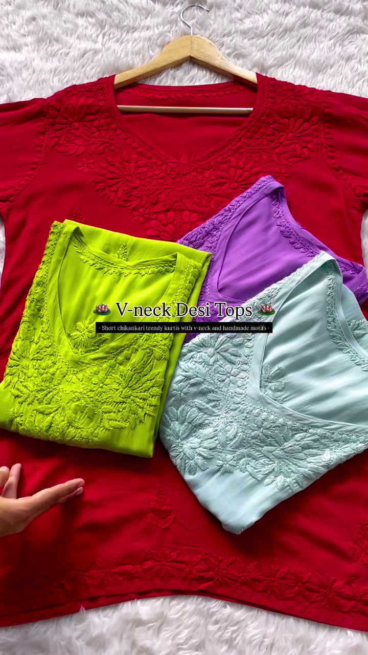 Vibrant V-Neck Desi Tops with Intricate Chikan Kari Embroidery in Red, Green, Purple, and Light Blue, Perfect for Trendy and Traditional Looks