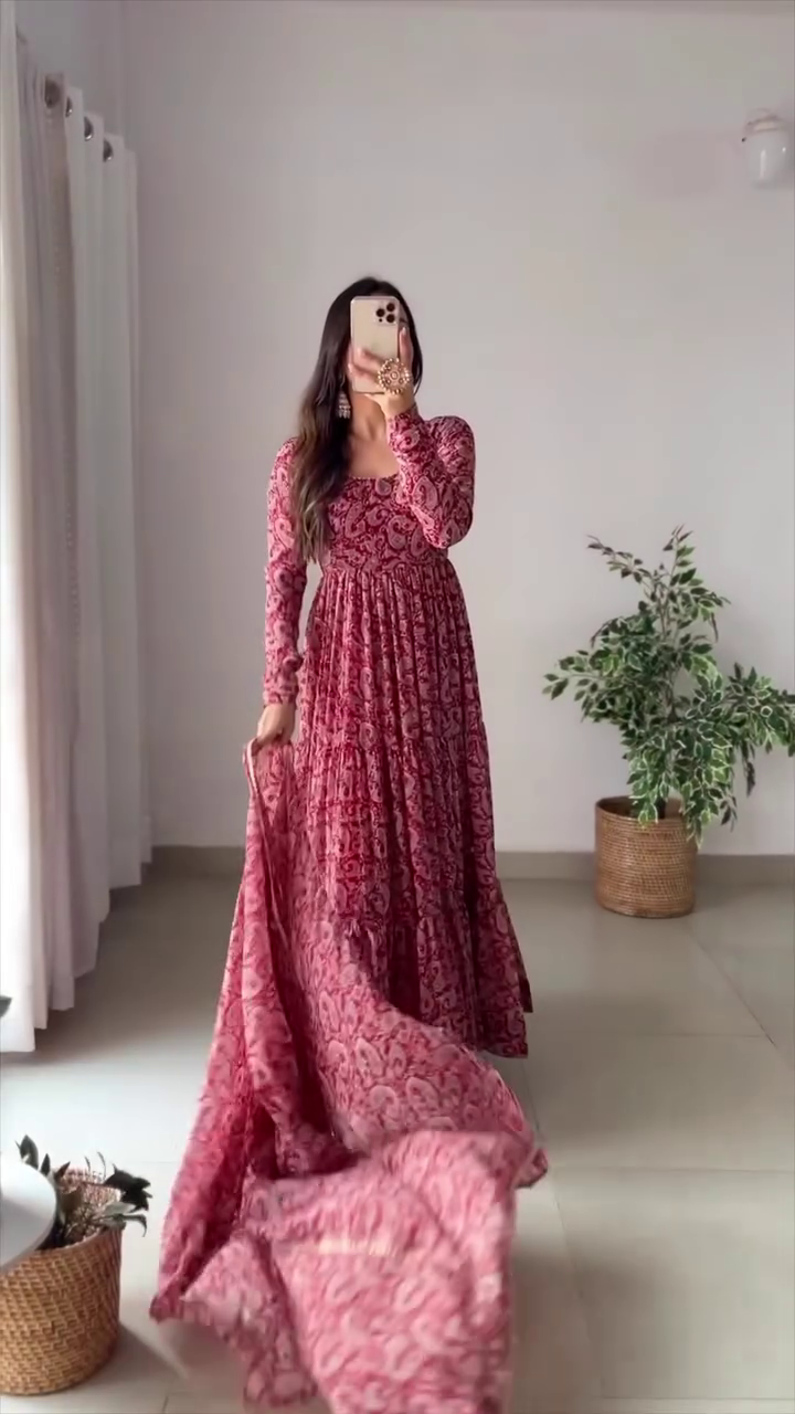 Beautiful Pink Floral Printed Anarkali Dress with Flowing Skirt and Dramatic Sleeves for a Traditional and Elegant Look
