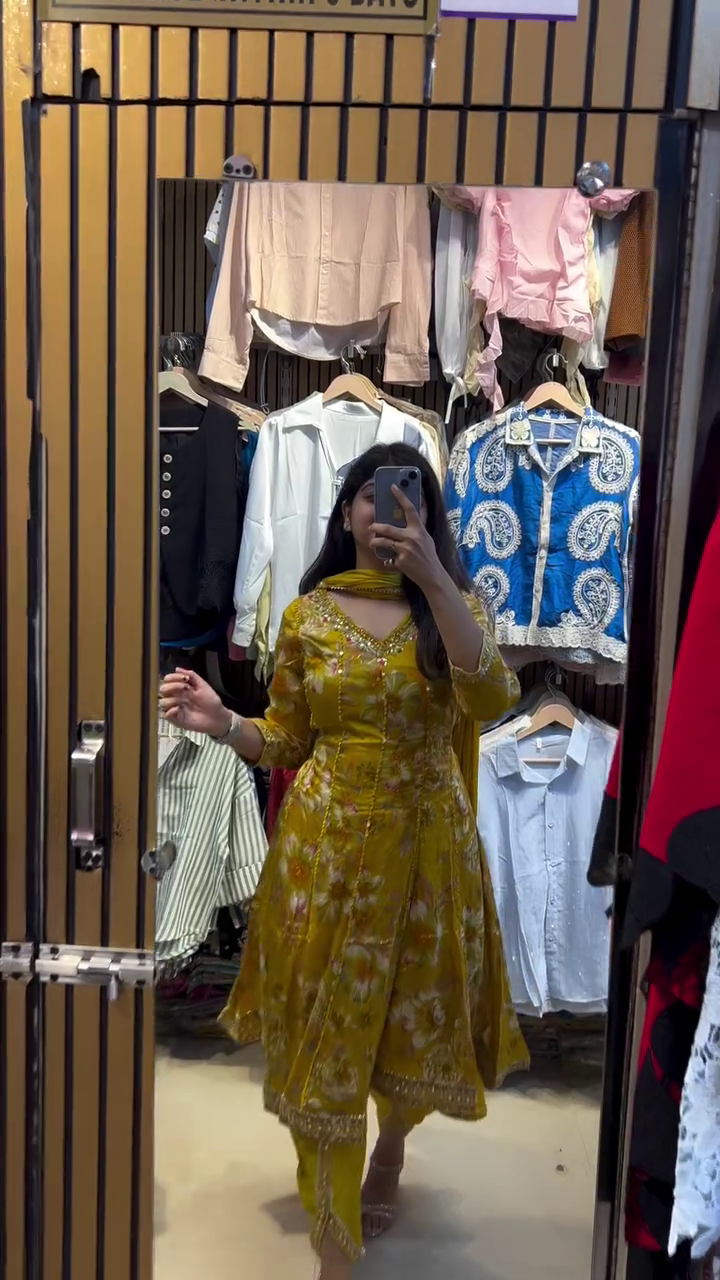 Yellow Floral Embroidered Anarkali Suit with Matching Dupatta and Elegant Detailing – Perfect for Traditional Celebrations and Festive Occasions