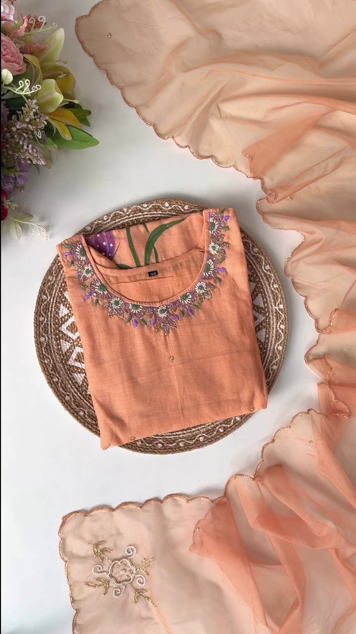 Elegant Embroidered Peach Kurta Set with Floral Motif and Sheer Dupatta – Perfect for Casual and Festive Occasions
