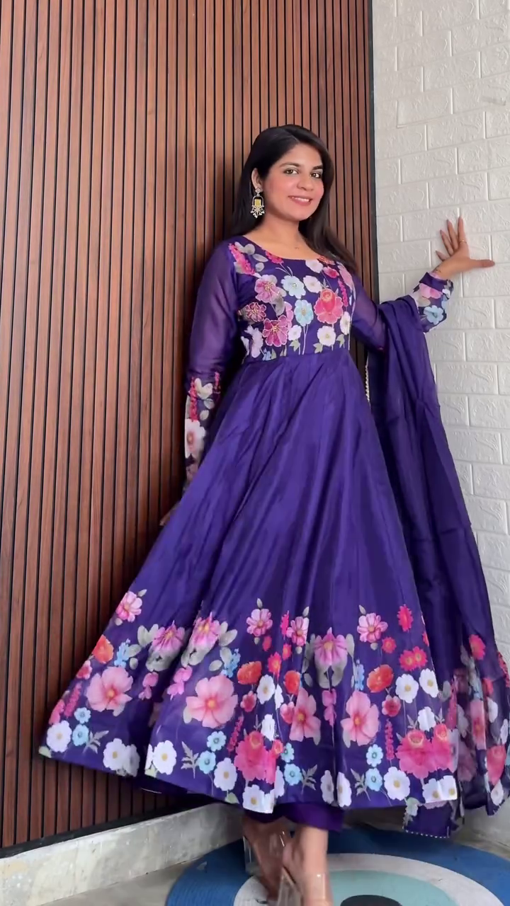 Royal Purple Floral Anarkali Set with Full-Length Sleeves, Vibrant Multicolor Digital Floral Print, and Matching Dupatta