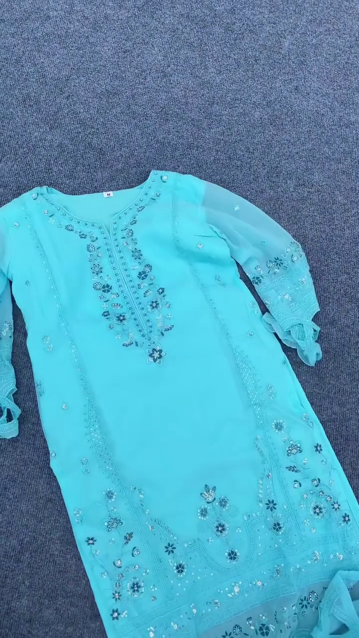 Aqua Blue Embroidered Salwar Kameez Set with Intricate Sequin and Floral Detailing, Featuring Sheer Dupatta and Stylish Pant for Special Occasions