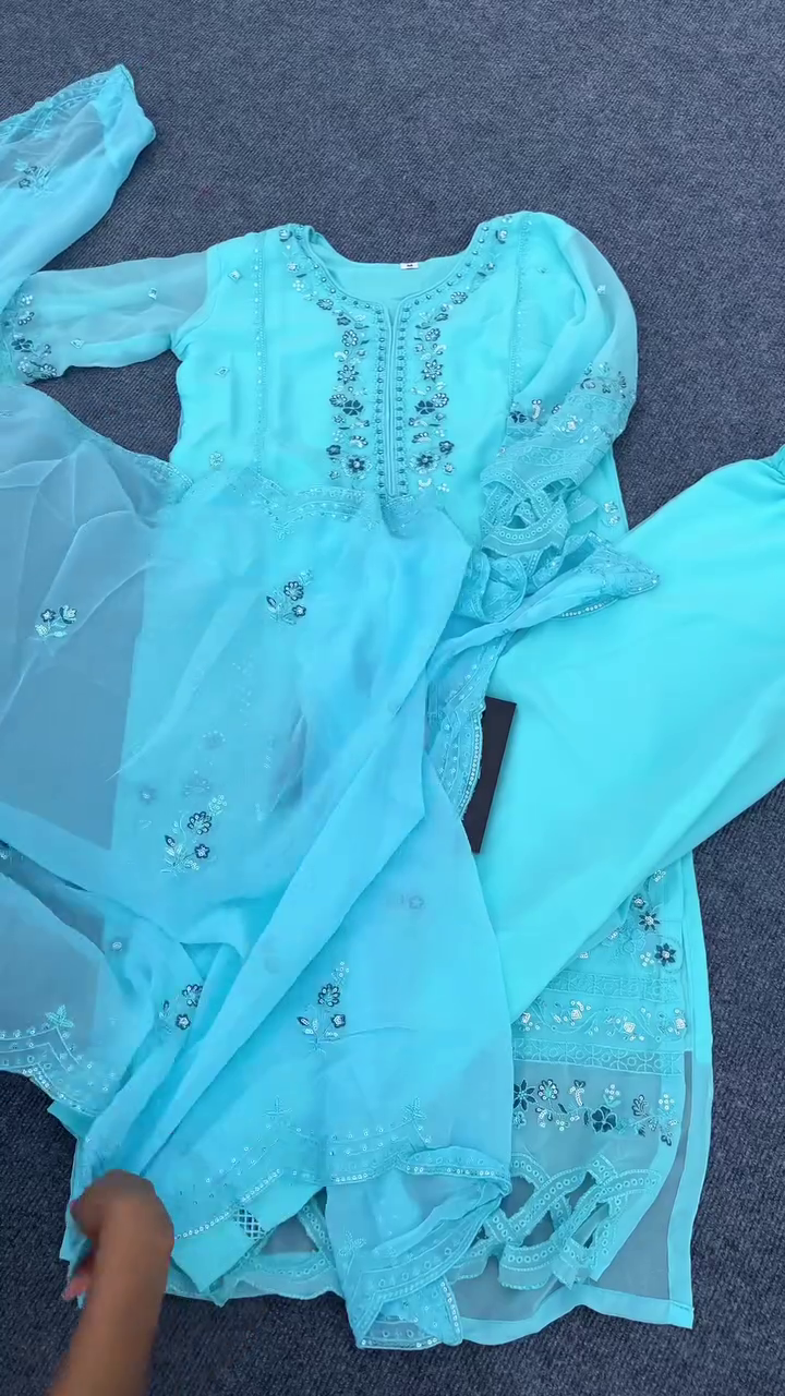 Aqua Blue Embroidered Salwar Kameez Set with Intricate Sequin and Floral Detailing, Featuring Sheer Dupatta and Stylish Pant for Special Occasions