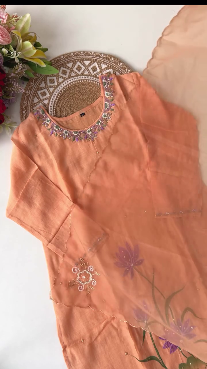 Elegant Embroidered Peach Kurta Set with Floral Motif and Sheer Dupatta – Perfect for Casual and Festive Occasions