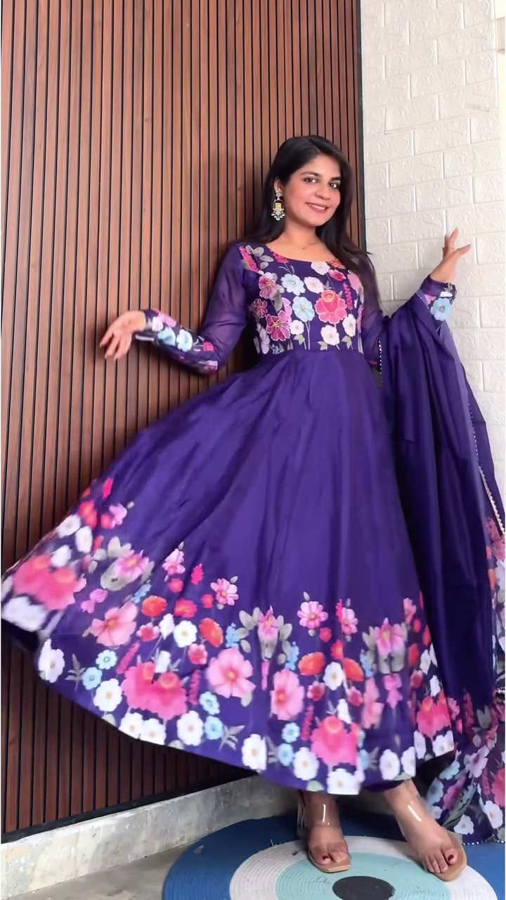 Royal Purple Floral Anarkali Set with Full-Length Sleeves, Vibrant Multicolor Digital Floral Print, and Matching Dupatta