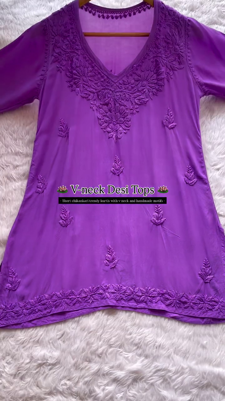 Vibrant V-Neck Desi Tops with Intricate Chikan Kari Embroidery in Red, Green, Purple, and Light Blue, Perfect for Trendy and Traditional Looks