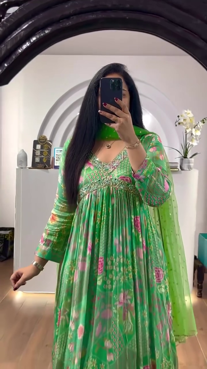 Vibrant Green Floral Printed Anarkali Dress with Delicate Embroidery, Flowing Pleats, and Coordinated Dupatta in Contrasting Green