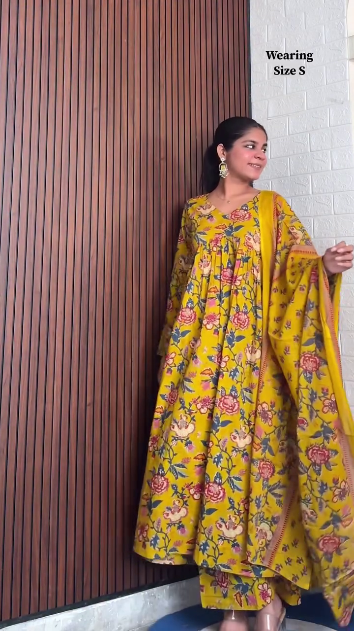 Elegant Handcrafted Anarkali Suit Collection Featuring Vibrant Floral Prints in Mustard Yellow and Classic Block Prints in Deep Blue