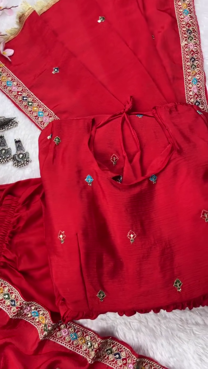 Traditional Red Embroidered Anarkali Set with Detailed Motifs and Contrast-Trimmed Dupatta – Ideal for Weddings and Festive Celebrations